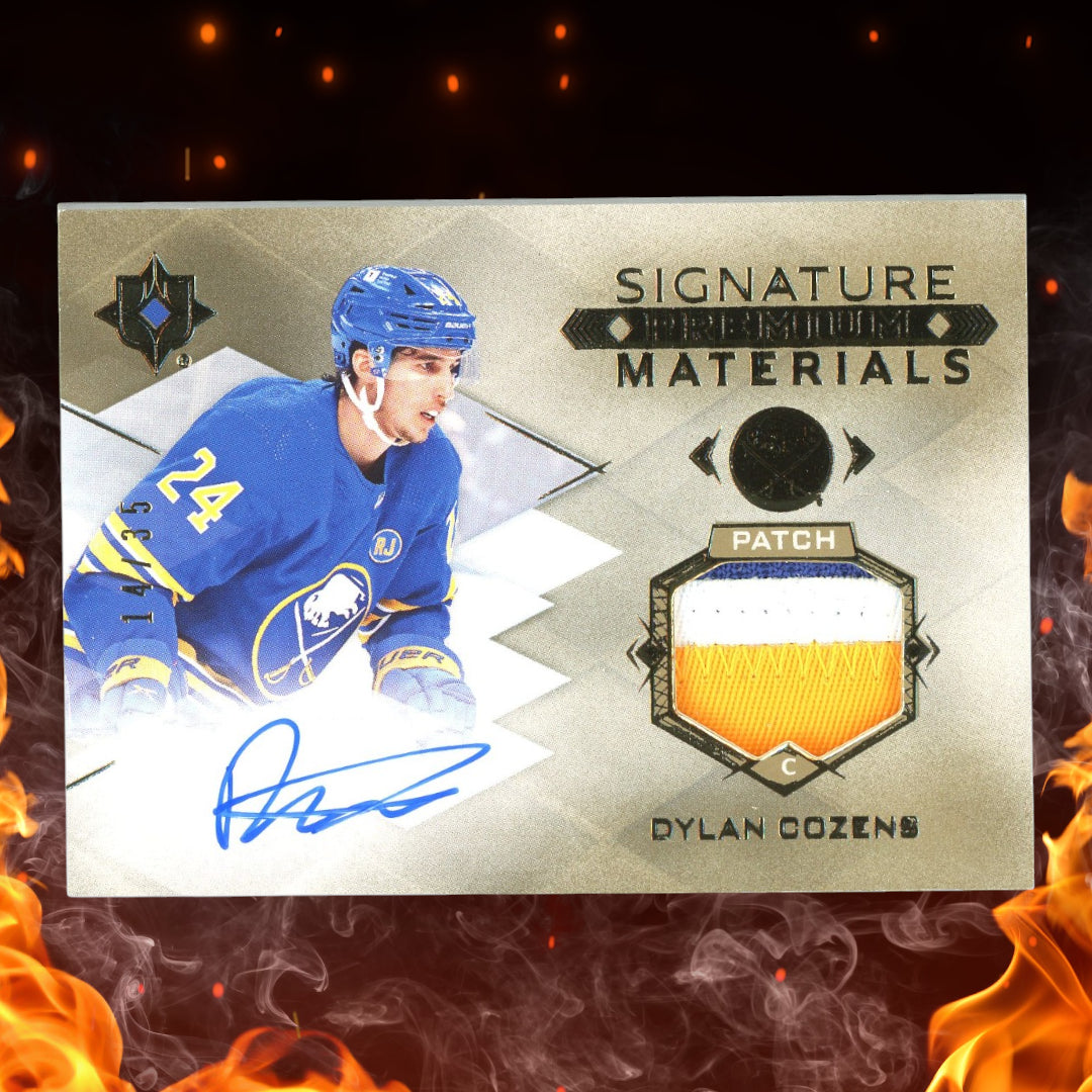 2023-24 UD Ultimate Dylan Cozens Signature Premium Materials Gold /35