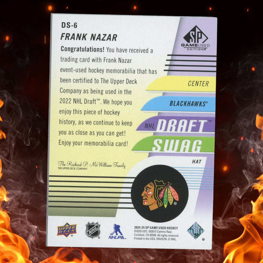 2024-25 UD SP Game Used Frank Nazar Draft Swag Hat Relic /25 #DS-6