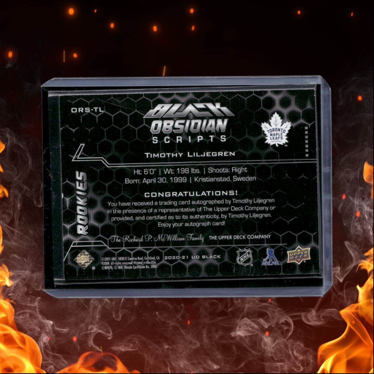 2020-21 Upper Deck SPx Timothy Liljegren Black Obsidian Scripts Rookie Auto