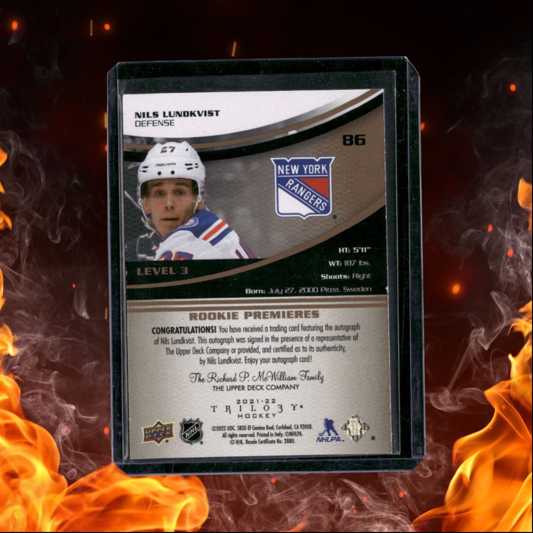 2021-22 Upper Deck Trilogy Nils Lundkvist Level 3 Premieres Rookie Auto 14/49