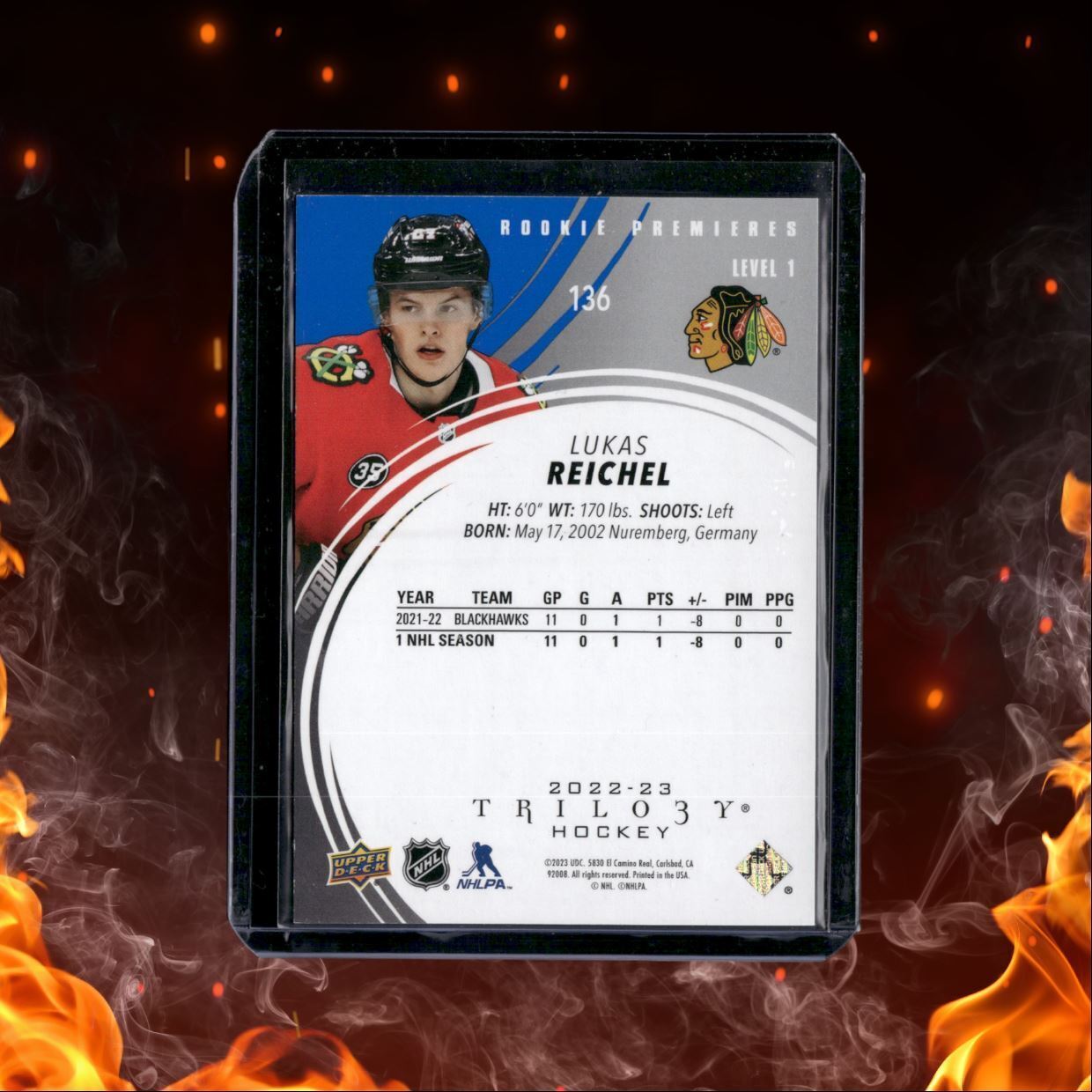 2022-23 Upper Deck Trilogy Lukas Reichel Premieres Blue Level 1 Rookie 074/199