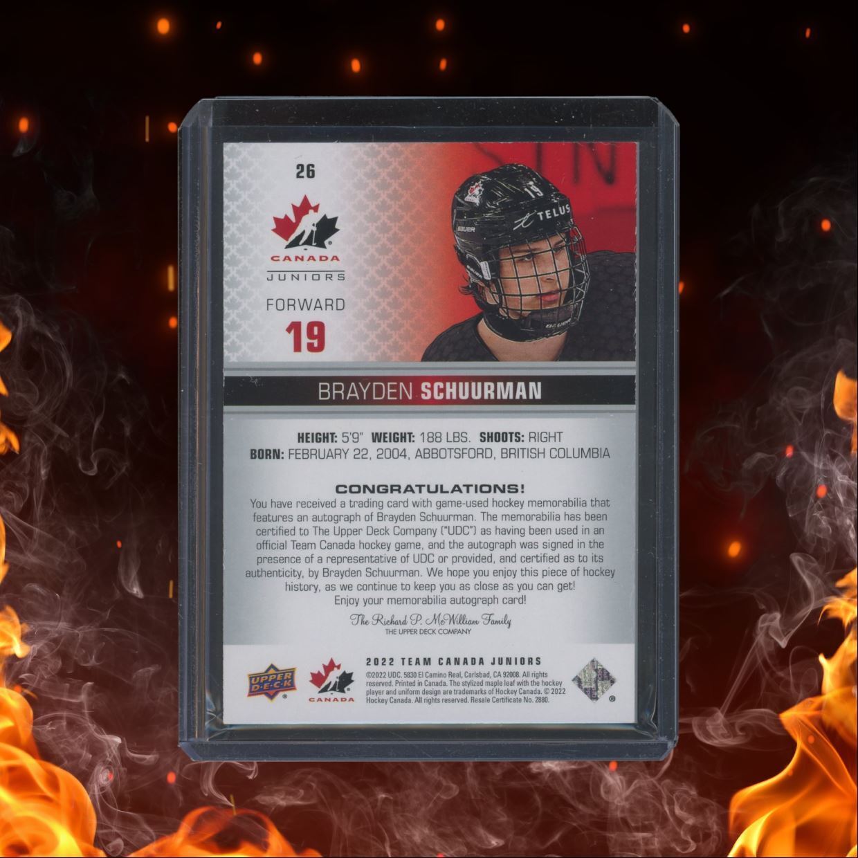 2022-23 Upper Deck Team Canada Juniors Brayden Schuurman Premium Material Auto