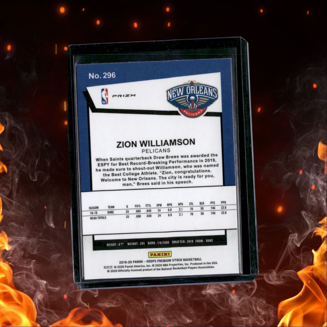 2019-20 Panini Hoops Premium Stock Zion Williamson Cracked Ice Prizm Tribute