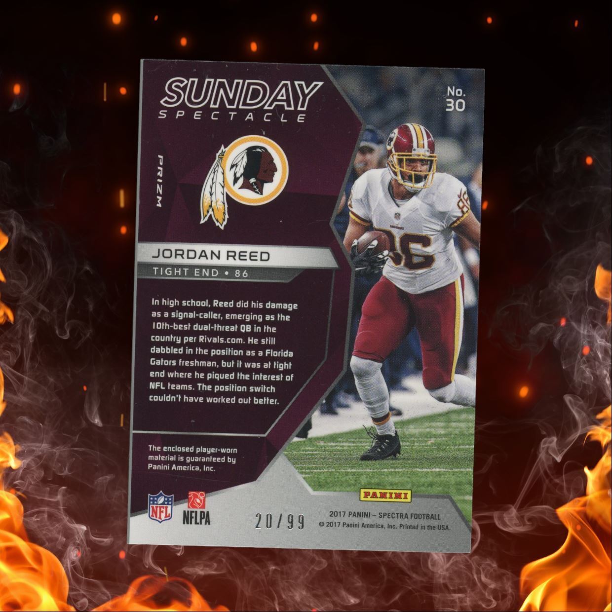 2017 Panini Spectra Jordan Reed Sunday Spectacle Neon Blue Jersey 20/99 #30