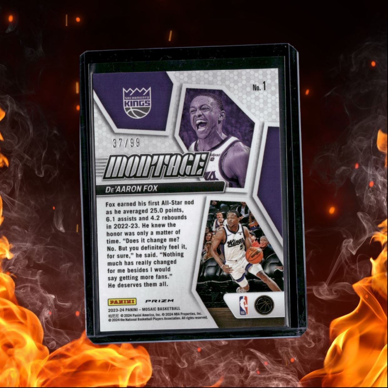 2023-24 Panini Mosaic De'Aaron Fox Montage Purple Mosaic Prizm 37/99 #1