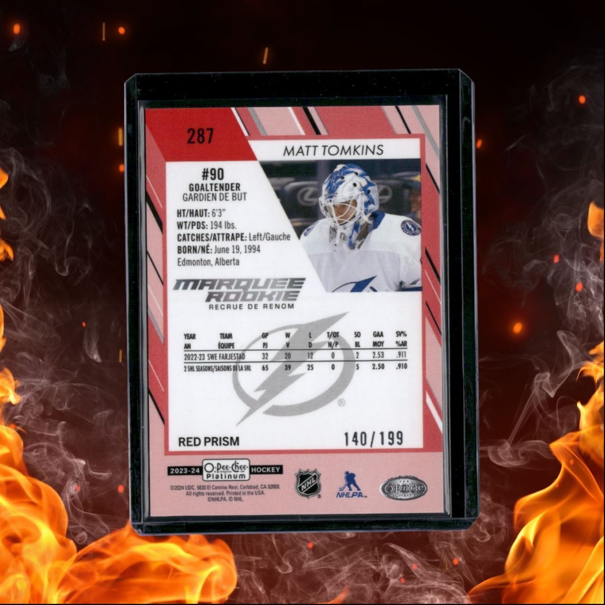 2023-24 O-Pee-Chee Platinum Matt Tomkins Marquee Red Prism Rookie 140/199 #287