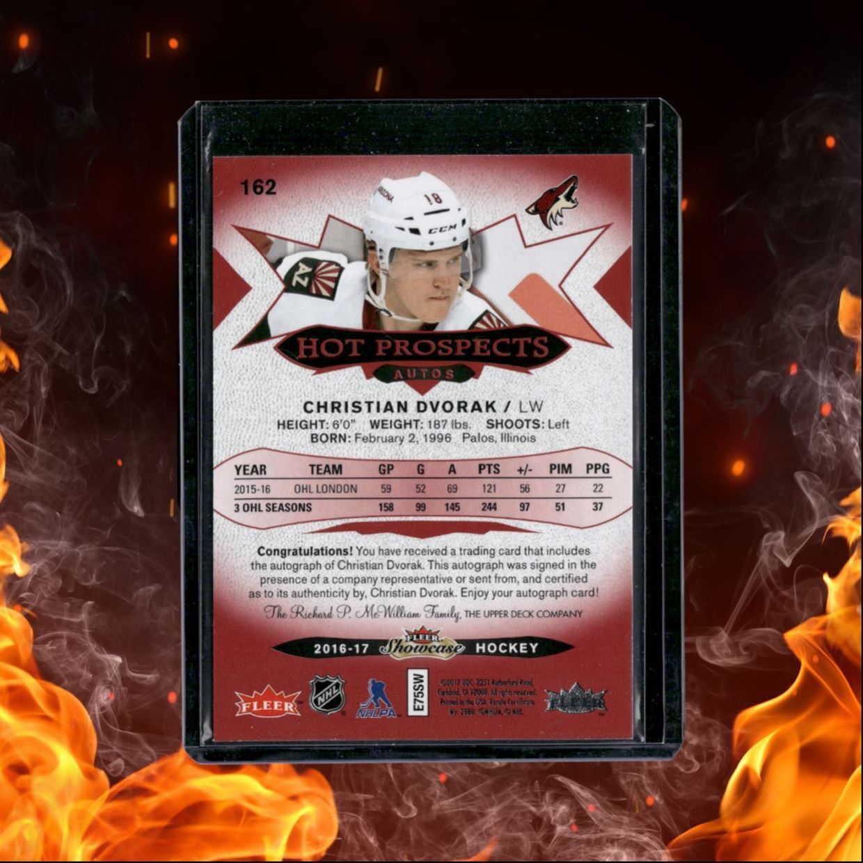 2016-17 Fleer Showcase Christian Dvorak Hot Prospects Red Glow Rookie Auto 15/49