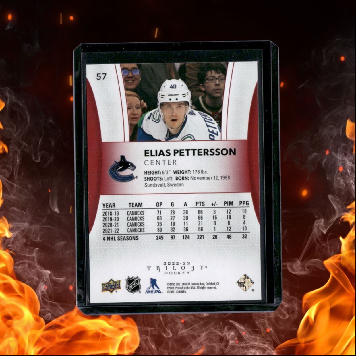 2022-23 Upper Deck Trilogy Elias Pettersson Red 054/299 #57