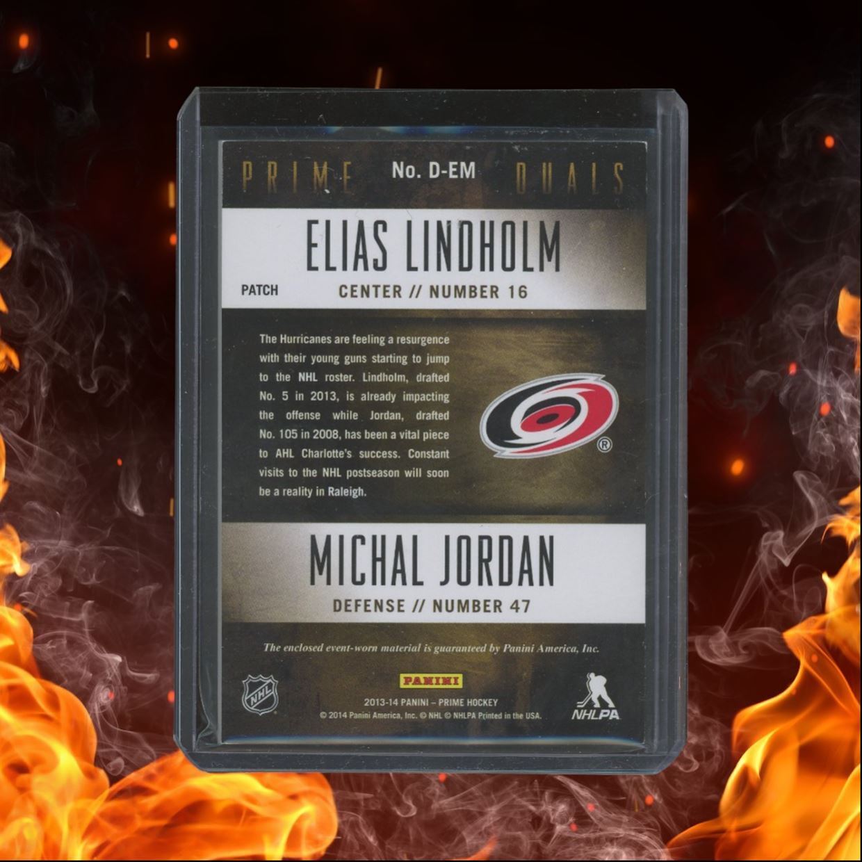 2013-14 Panini Prime Elias Lindholm / Michal Jordan Duals Patch 18/25 #D-EM