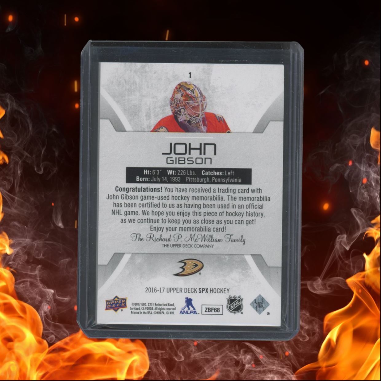 2016-17 Upper Deck SPx John Gibson Jersey Relic Game Used #1