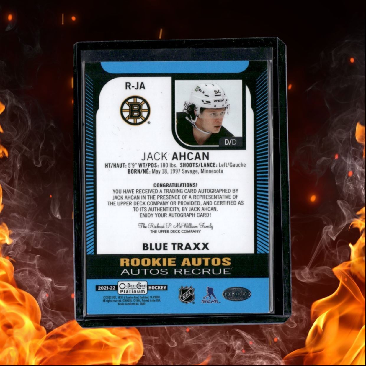 2021-22 O-Pee-Chee Platinum Jack Ahcan Blue Traxx Rookie Auto #R-JA