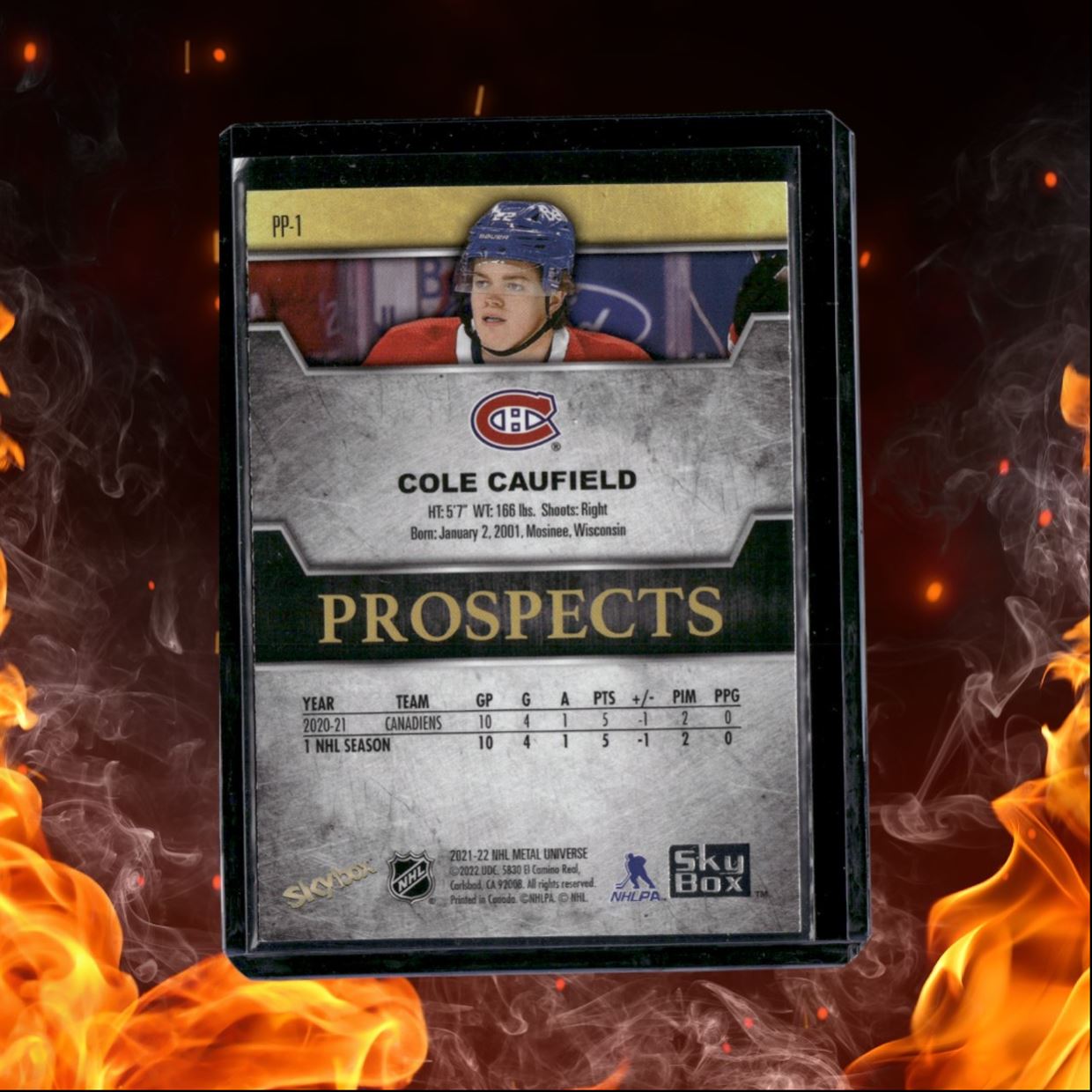 2021-22 SkyBox Metal Universe Cole Caufield Premium Prospects Blue Sapphire