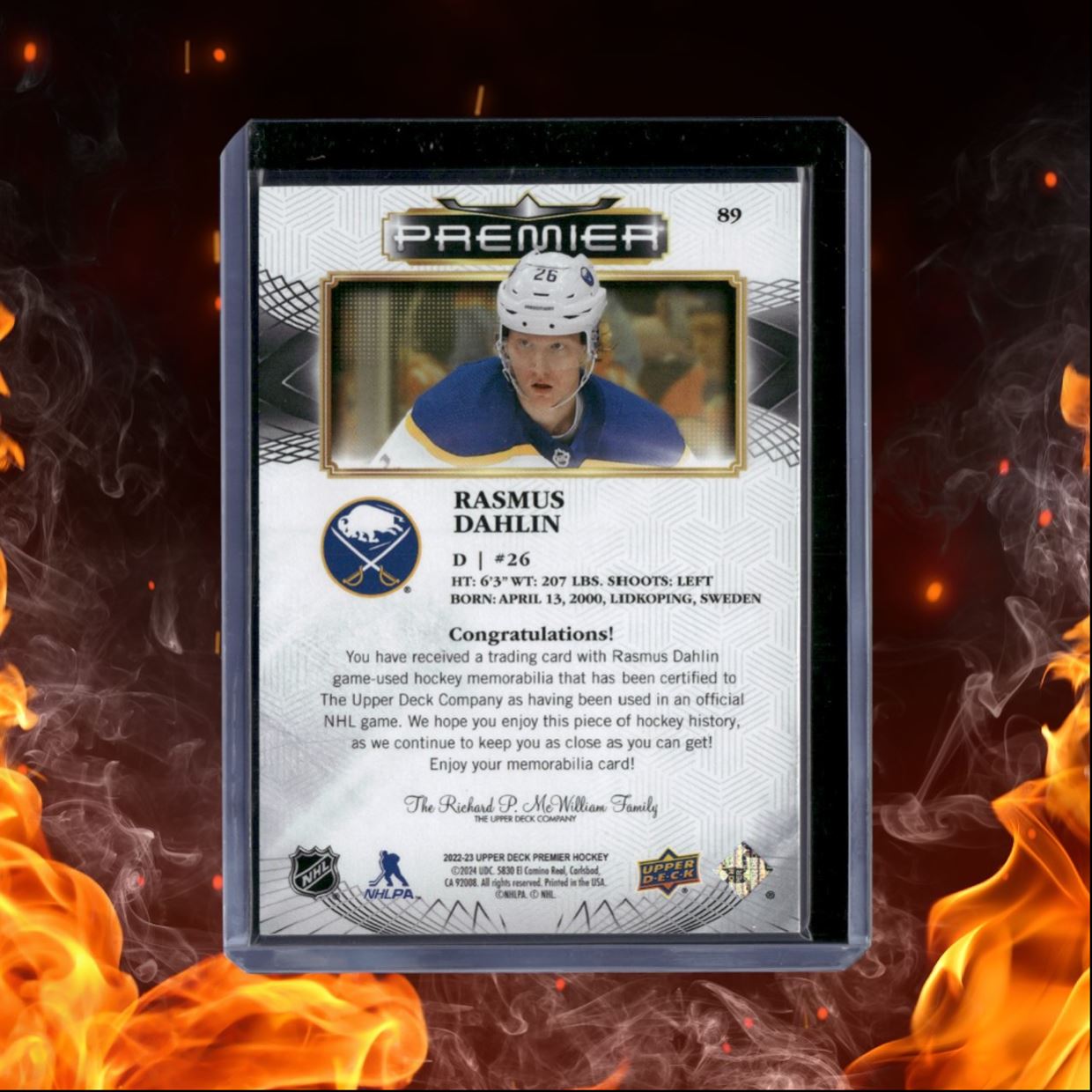 2022-23 Upper Deck Premier Rasmus Dahlin Jersey Game-Used #89