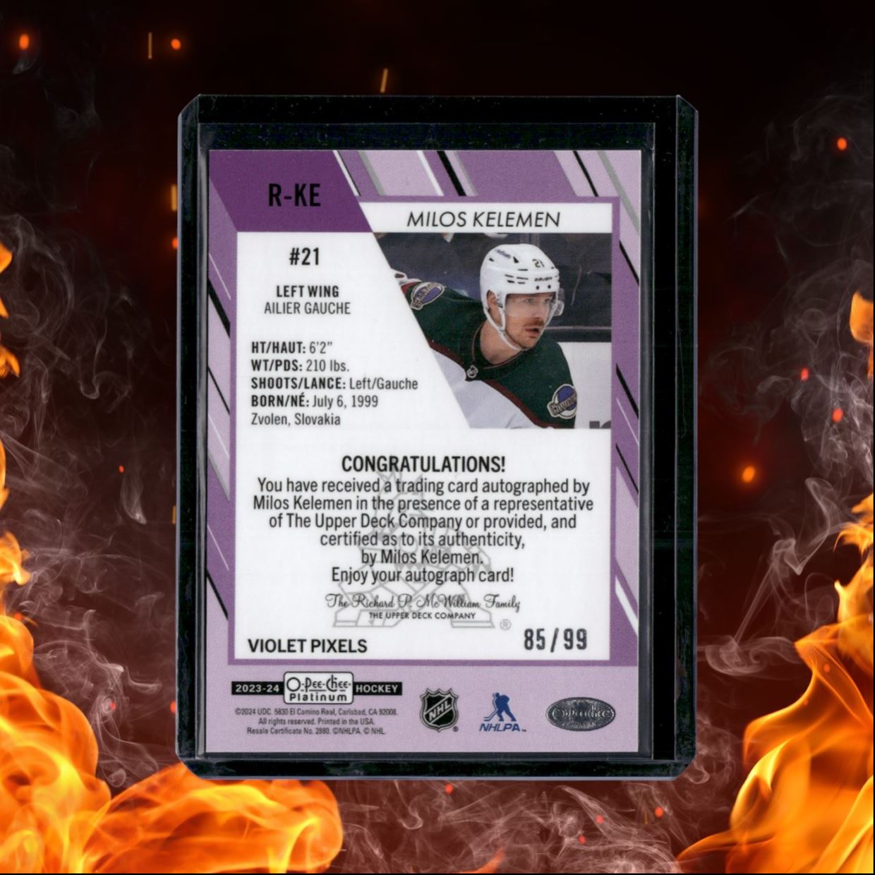 2023-24 O-Pee-Chee Platinum Milos Kelemen Violet Pixels Rookie Auto 85/99 #R-KE