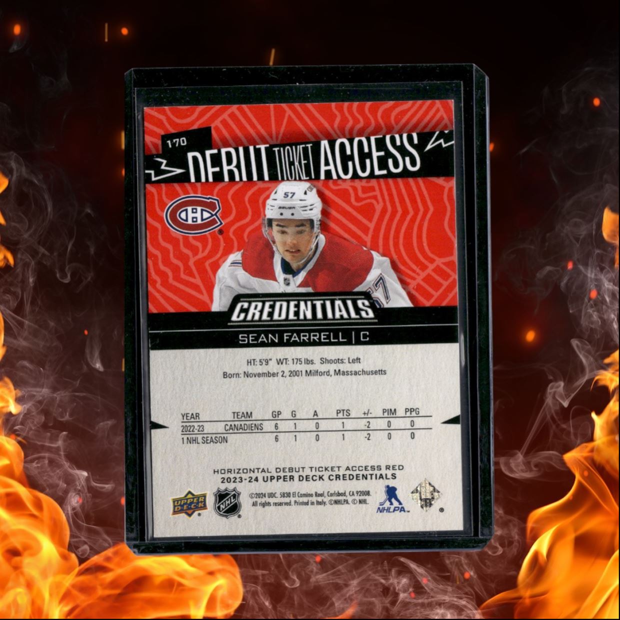 2023-24 Upper Deck Credentials Sean Farrell Debut Ticket Access Red Horizontal