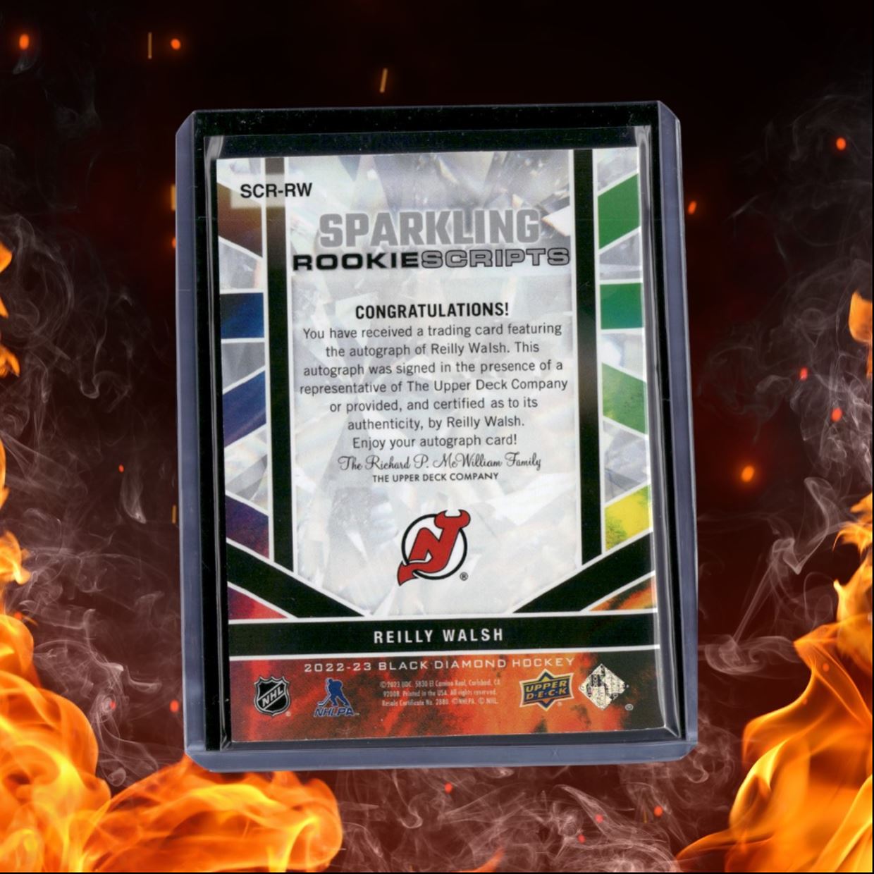 2022-23 Upper Deck Black Diamond Reilly Walsh Sparkling Scripts Spectrum Rookie