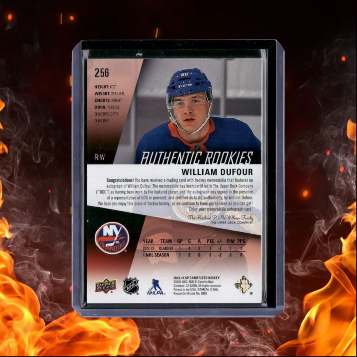 2023-24 SP Game Used William Dufour Red Rookie Auto 022/149 #256