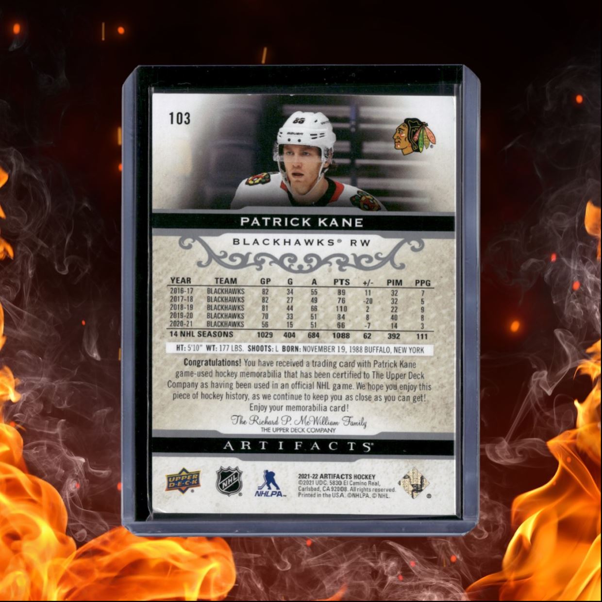 2021-22 Upper Deck Artifacts Patrick Kane Dual Jersey Silver Horizontal Auto