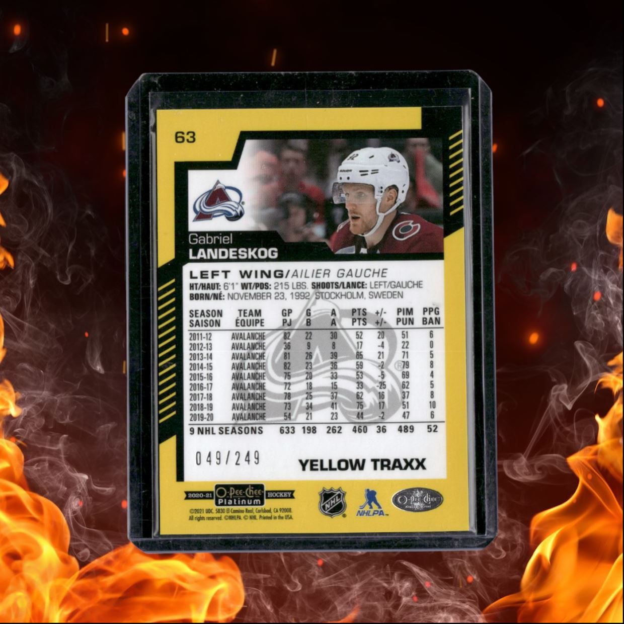 2020-21 O-Pee-Chee Platinum Gabriel Landeskog Yellow Traxx 049/249 #63