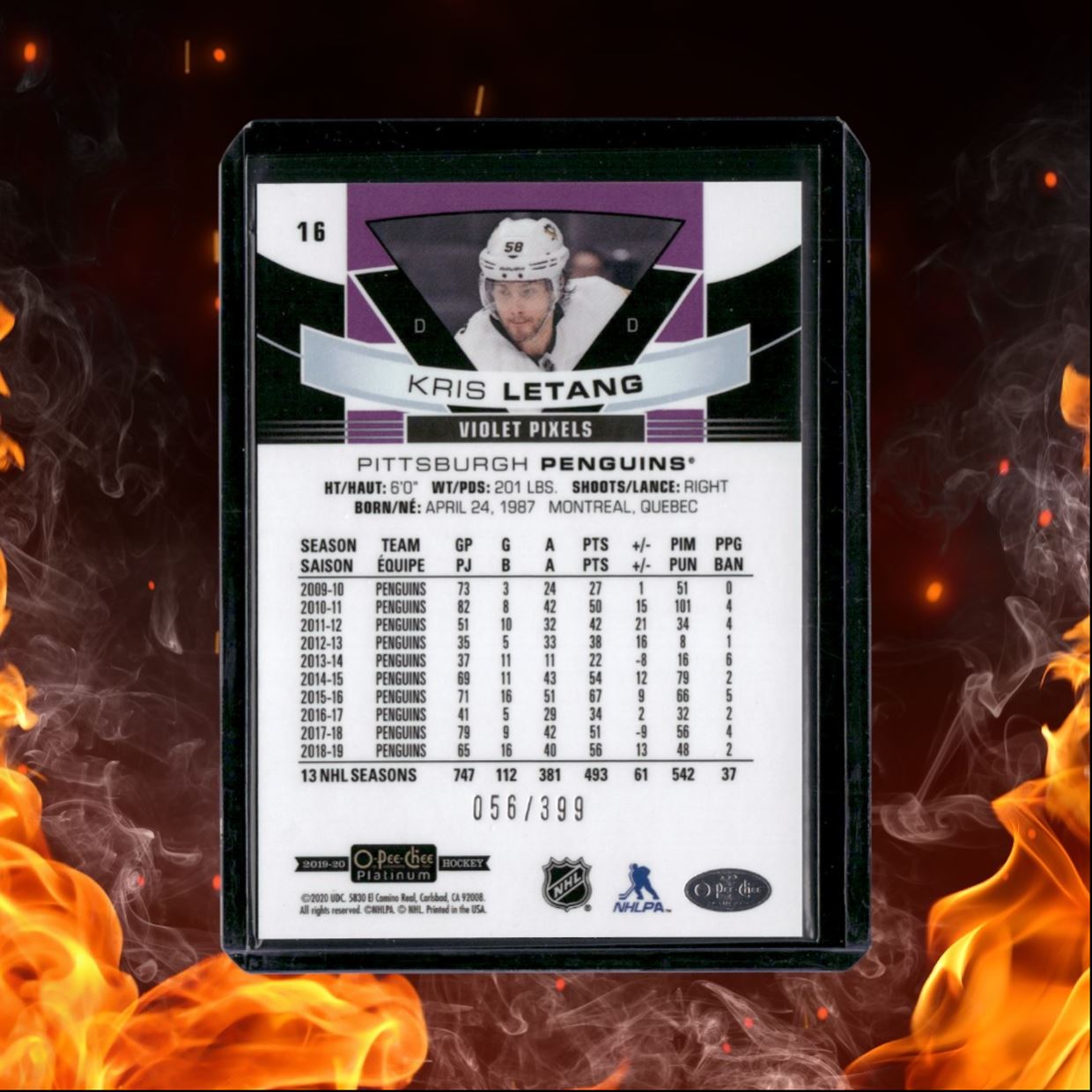 2019-20 O-Pee-Chee Platinum Kris Letang Violet Pixels 056/399 #16