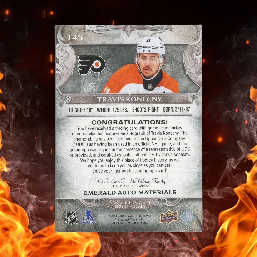 2024-25 Upper Deck Artifacts TRAVIS KONECNY Dual Patch Auto /35 Emerald #145