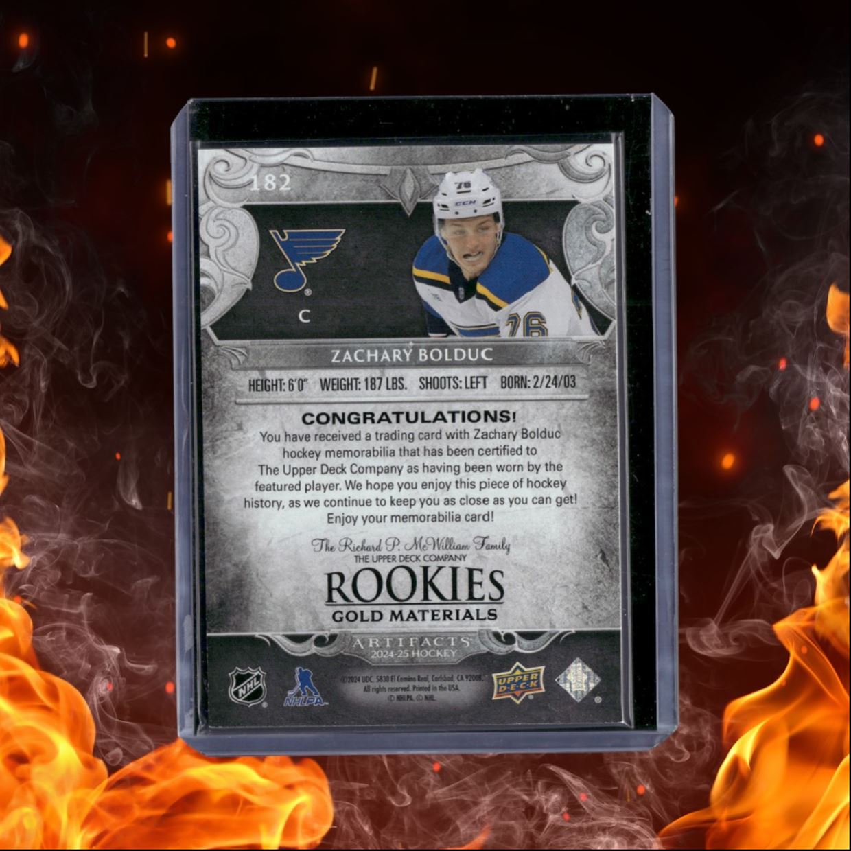 2024-25 Upper Deck Artifacts Zachary Bolduc Material Jersey Gold Rookie 425/499