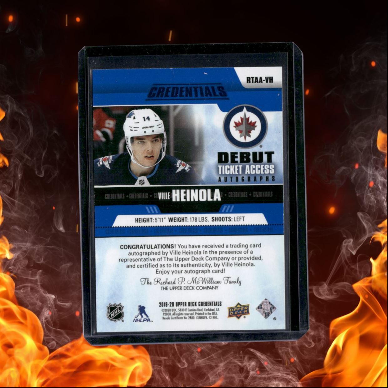 2019-20 Upper Deck Credentials Ville Heinola Debut Ticket Access Blue Rookie