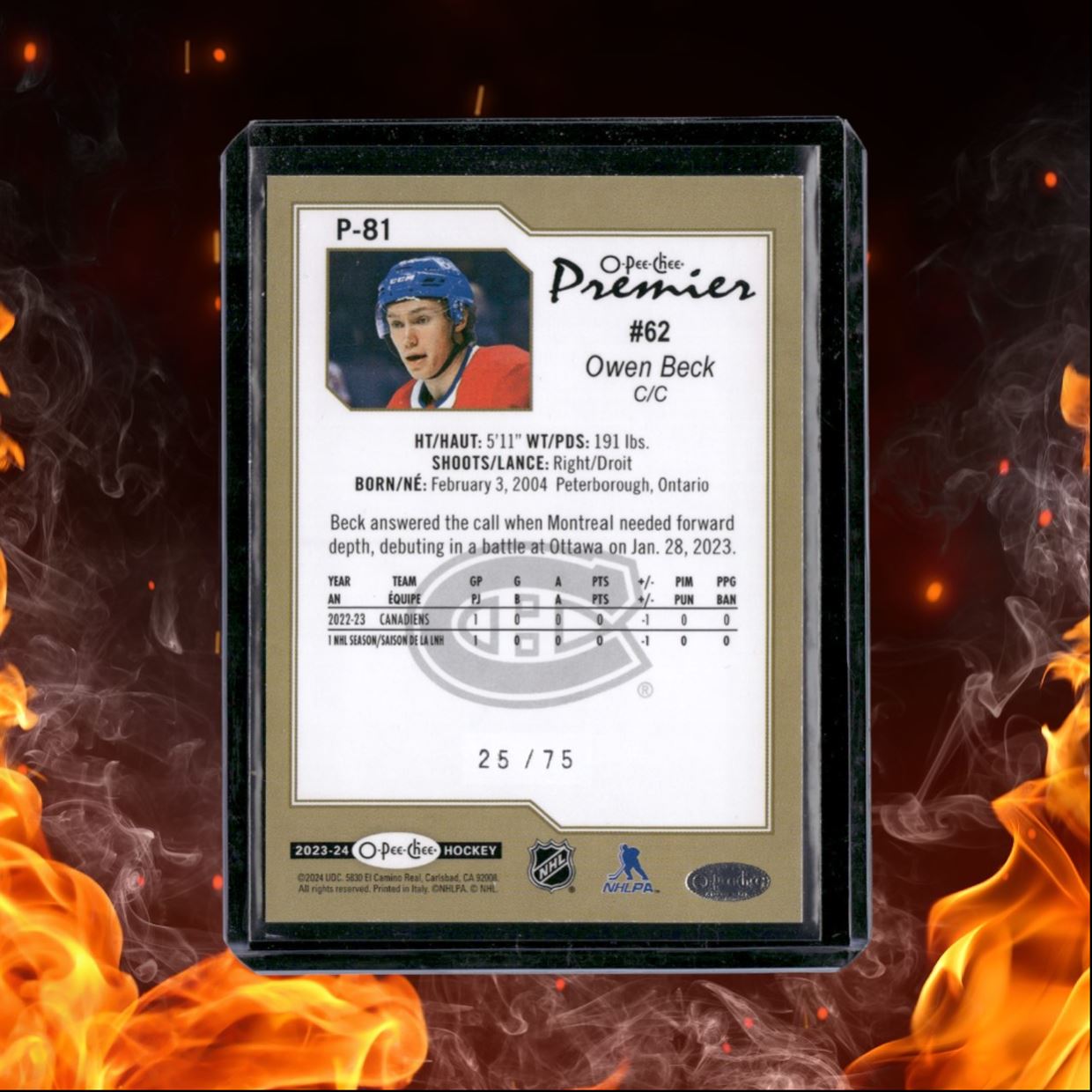 2023-24 O-Pee-Chee Owen Beck Premier Diamond Rainbow Rookie 25/75 #P-81
