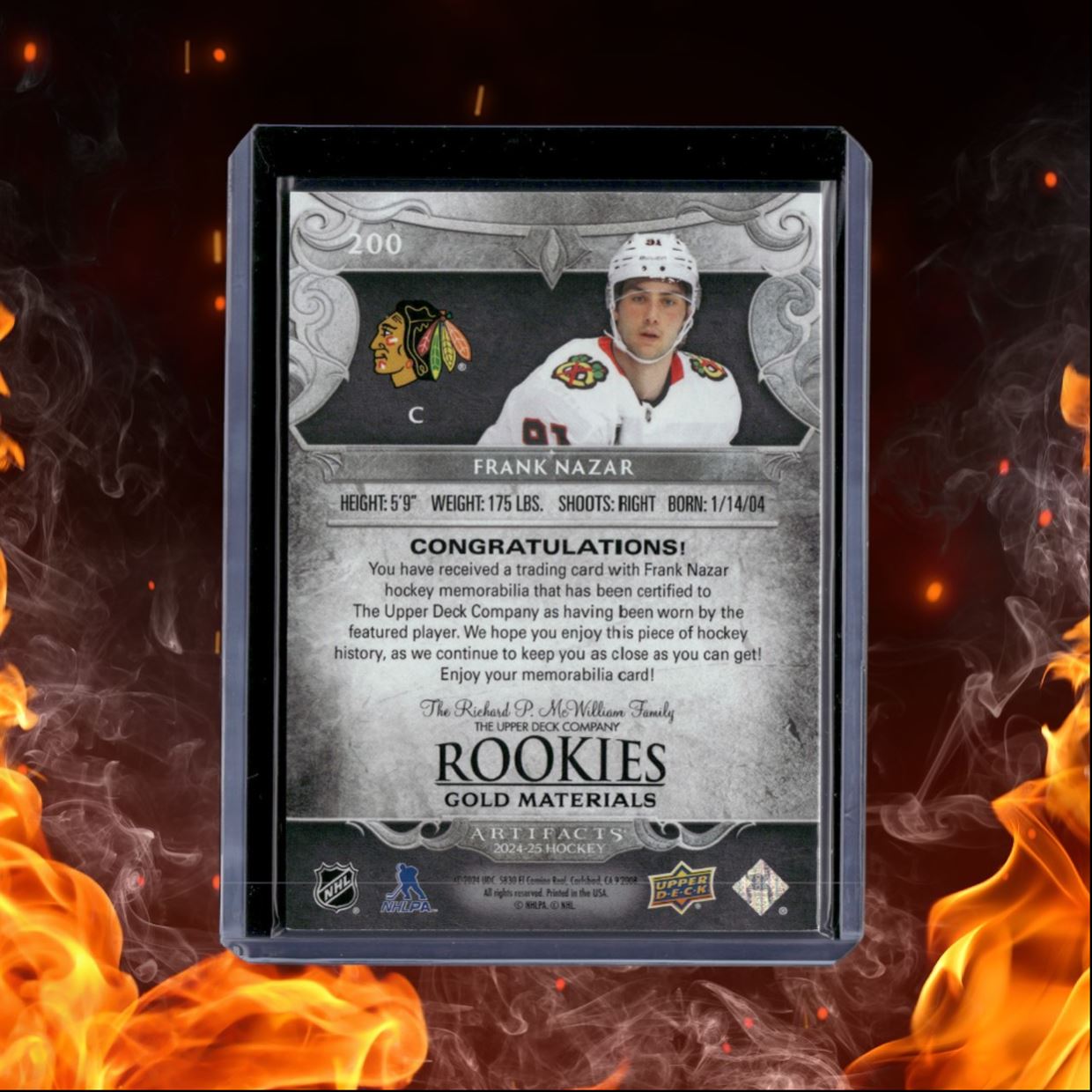 2024-25 Upper Deck Artifacts Frank Nazar Dual Jersey Material Gold Rookie