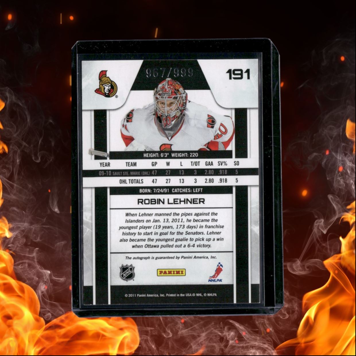 2010-11 Panini Zenith Robin Lehner Rookie Auto 967/999 #191