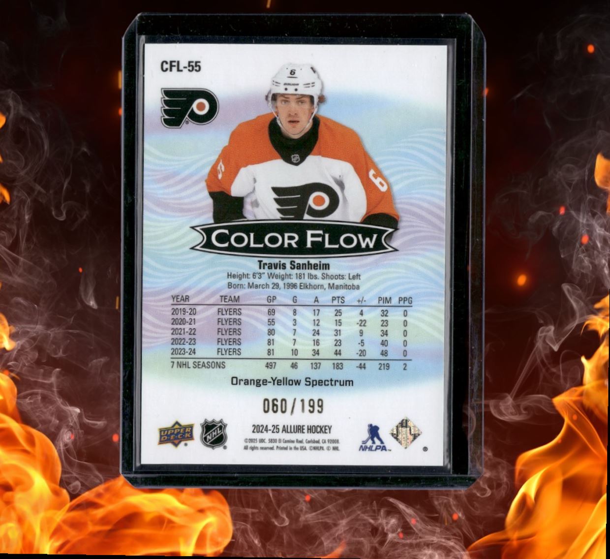2024-25 Upper Deck Allure Travis Sanheim Color Flow Spectrum Orange - Yellow