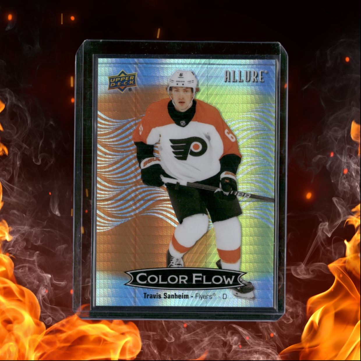 2024-25 Upper Deck Allure Travis Sanheim Color Flow Spectrum Orange - Yellow