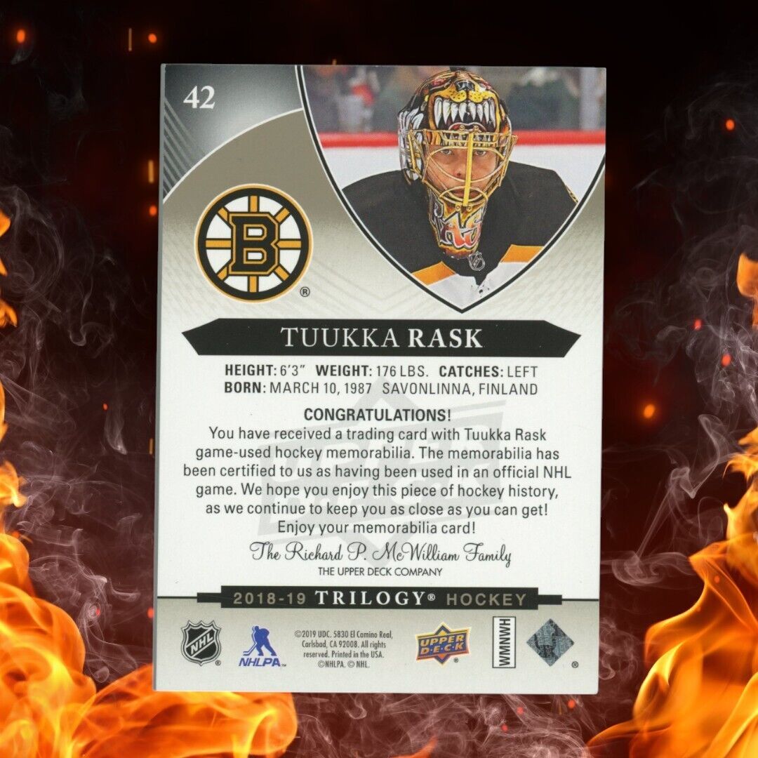 2018-19 Upper Deck Trilogy TUUKKA RASK Pad Patch /34 Premium Black #42