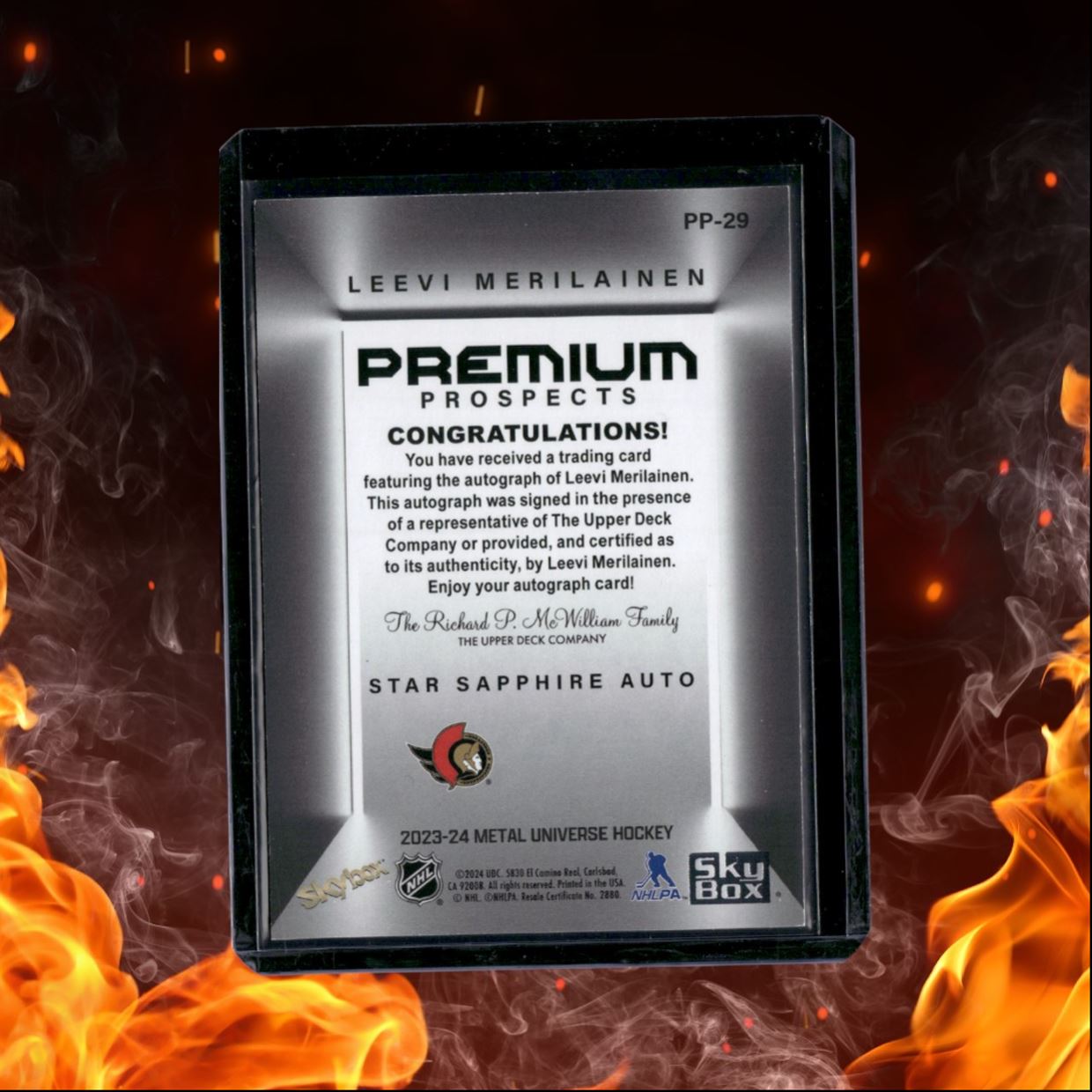 2023-24 SkyBox Metal Universe Leevi Merilainen Premium Prospects Star Sapphire
