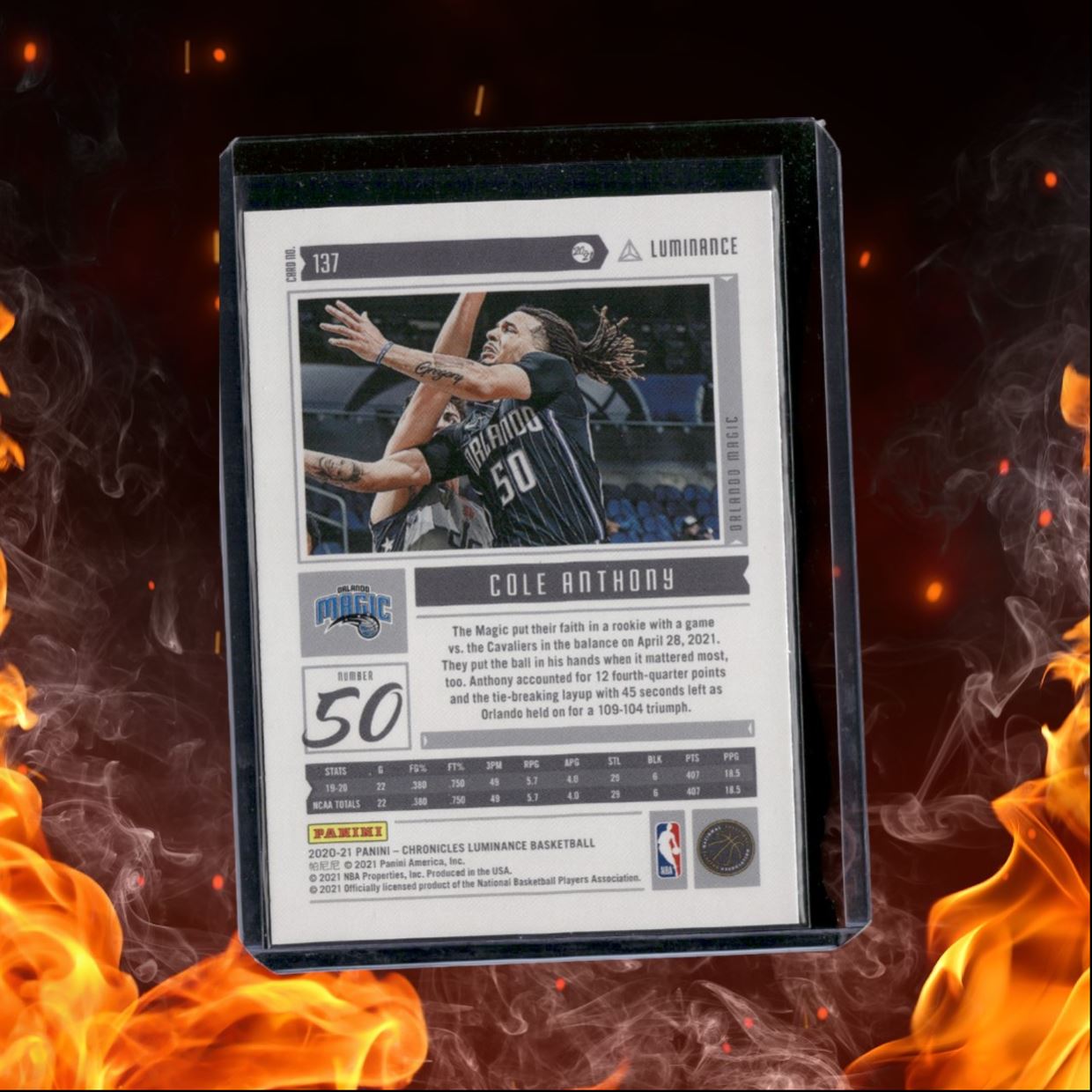 2020-21 Panini Chronicles Cole Anthony Luminance Pink Rookie #137