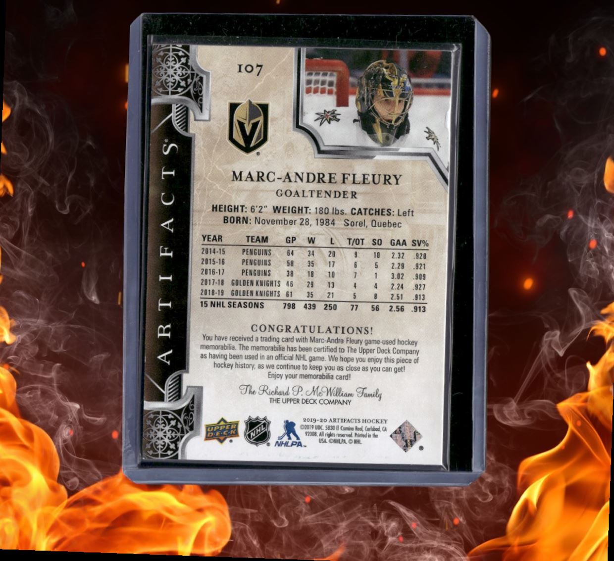 2019-20 Upper Deck Artifacts Marc-Andre Fleury Dual Patch Materials Gold 054/125