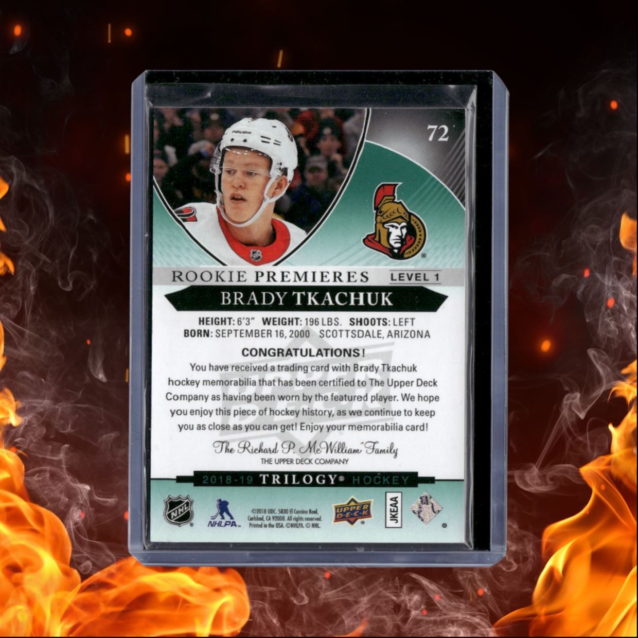 2018-19 Upper Deck Trilogy Brady Tkachuk Premieres Green Level 1 Jersey Rookie