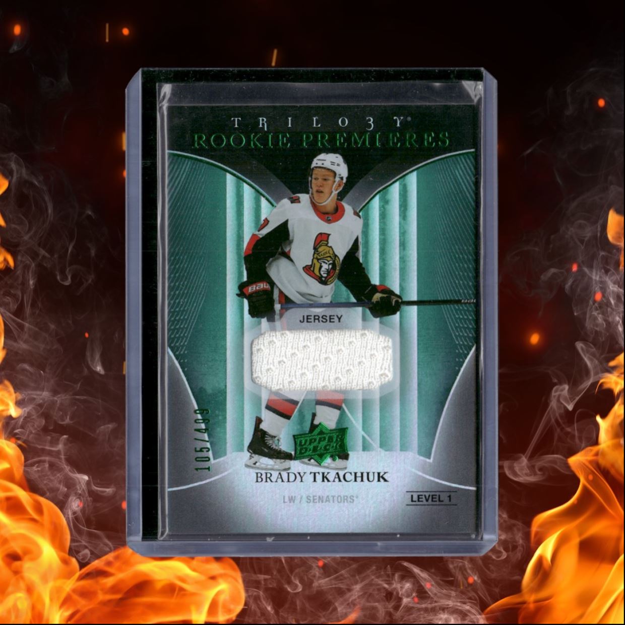 2018-19 Upper Deck Trilogy Brady Tkachuk Premieres Green Level 1 Jersey Rookie