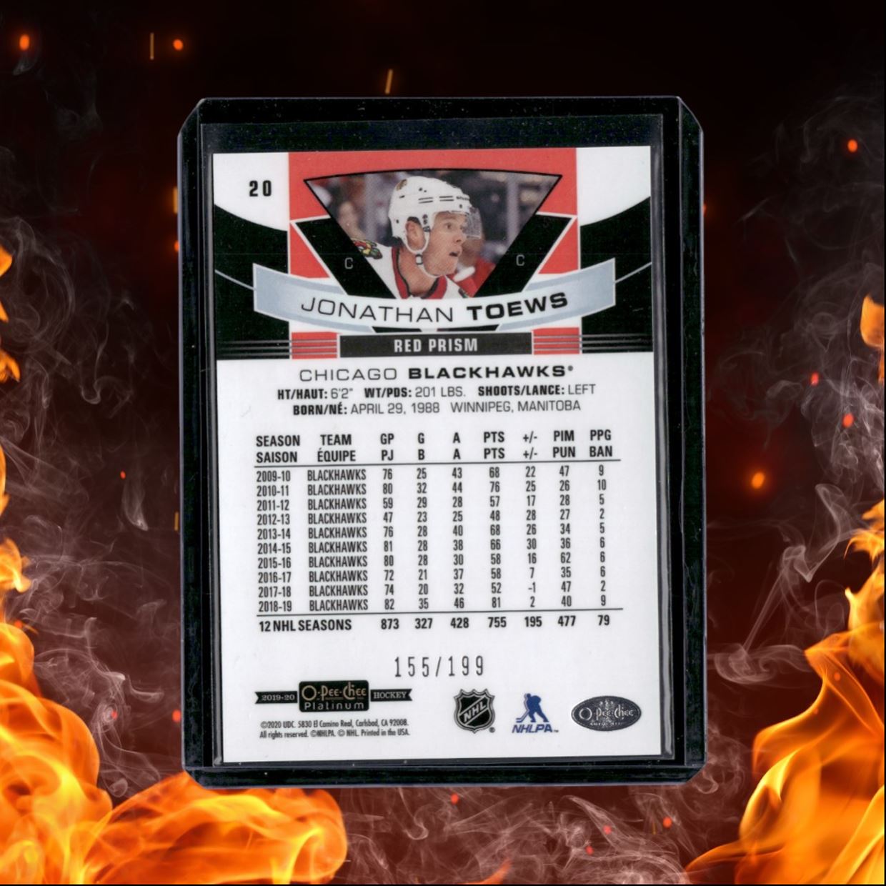 2019-20 O-Pee-Chee Platinum Jonathan Toews Red Prism 155/199 #20