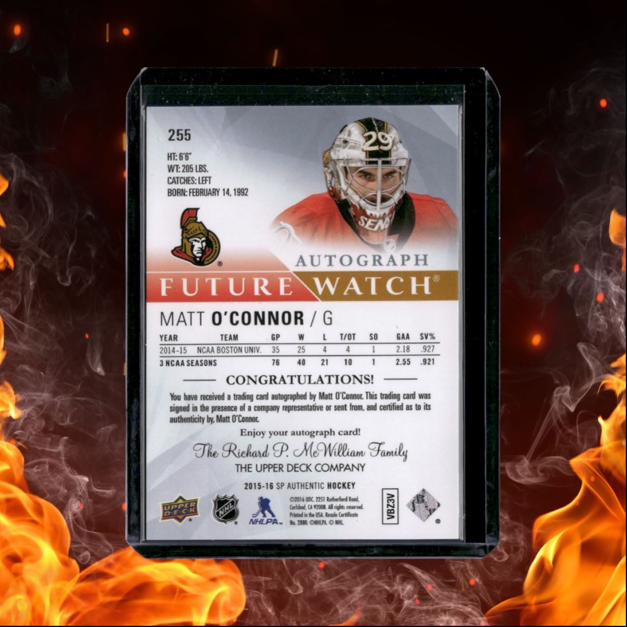 2015-16 SP Authentic Matt O'Connor Future Watch Rookie Auto #255