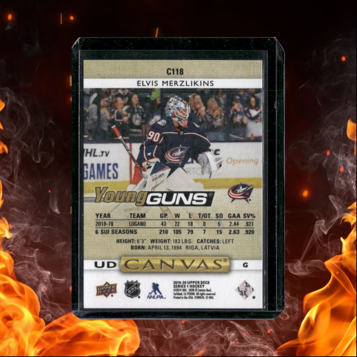 2019-20 Upper Deck Elvis Merzlikins UD Canvas Young Guns (B) Rookie #C118
