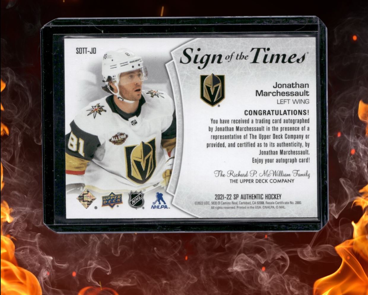 2021-22 SP Authentic Jonathan Marchessault Sign of the Times Auto #SOTT-JO