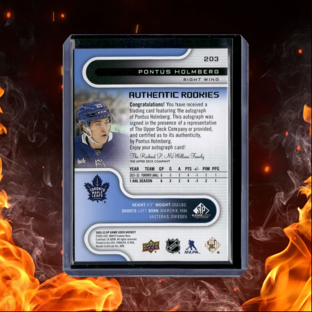 2022-23 SP Game Used Pontus Holmberg Authentic Blue Rookie Auto #203