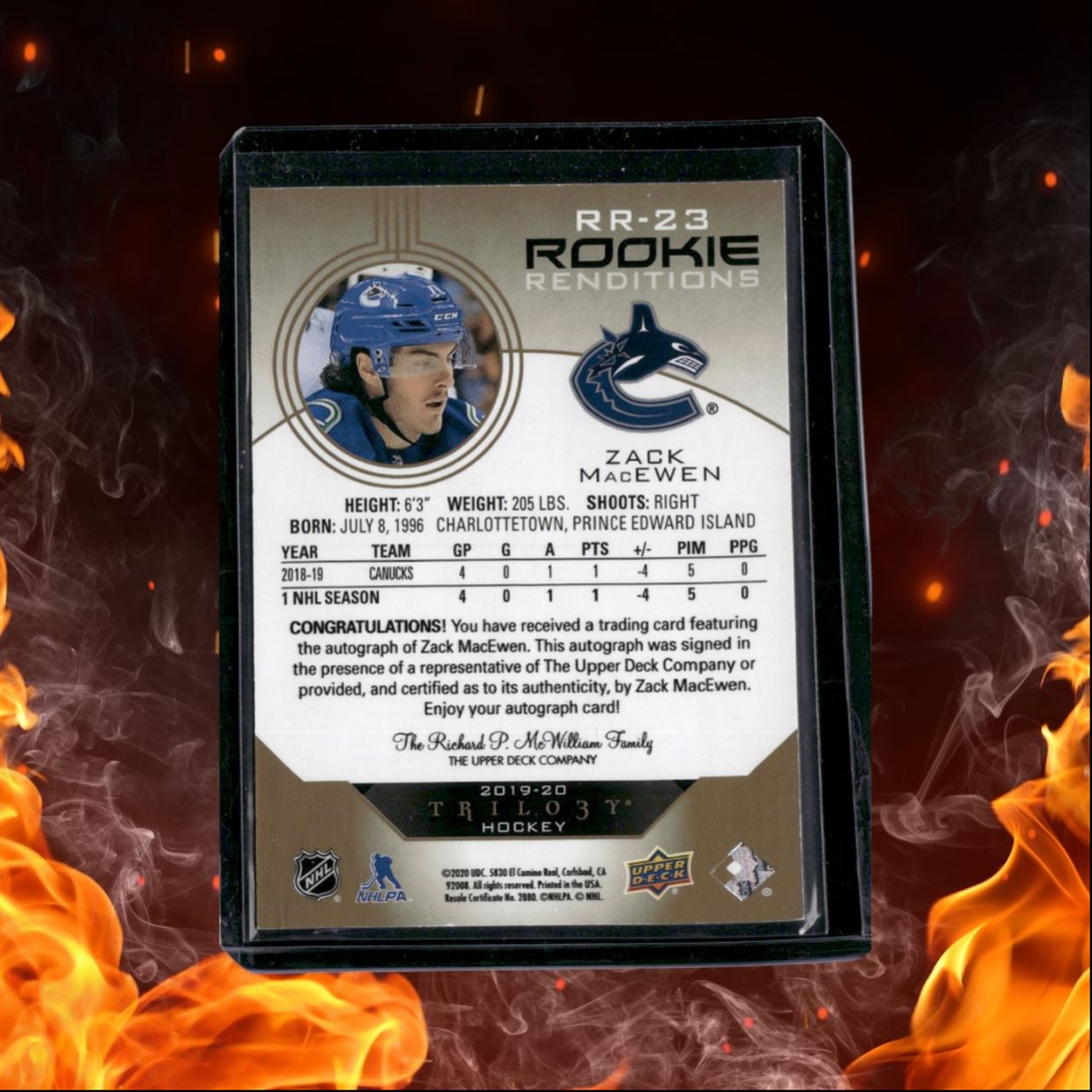 2019-20 Upper Deck Trilogy Zack MacEwen Renditions Gold Foil Rookie Auto #RR-23