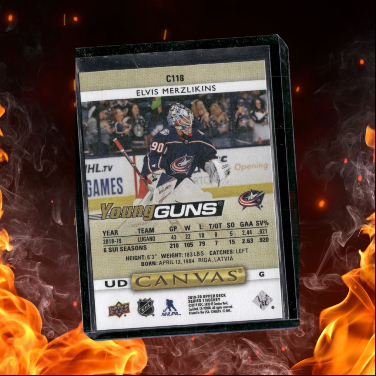 2019-20 Upper Deck Elvis Merzlikins UD Canvas Young Guns (A) Rookie #C118