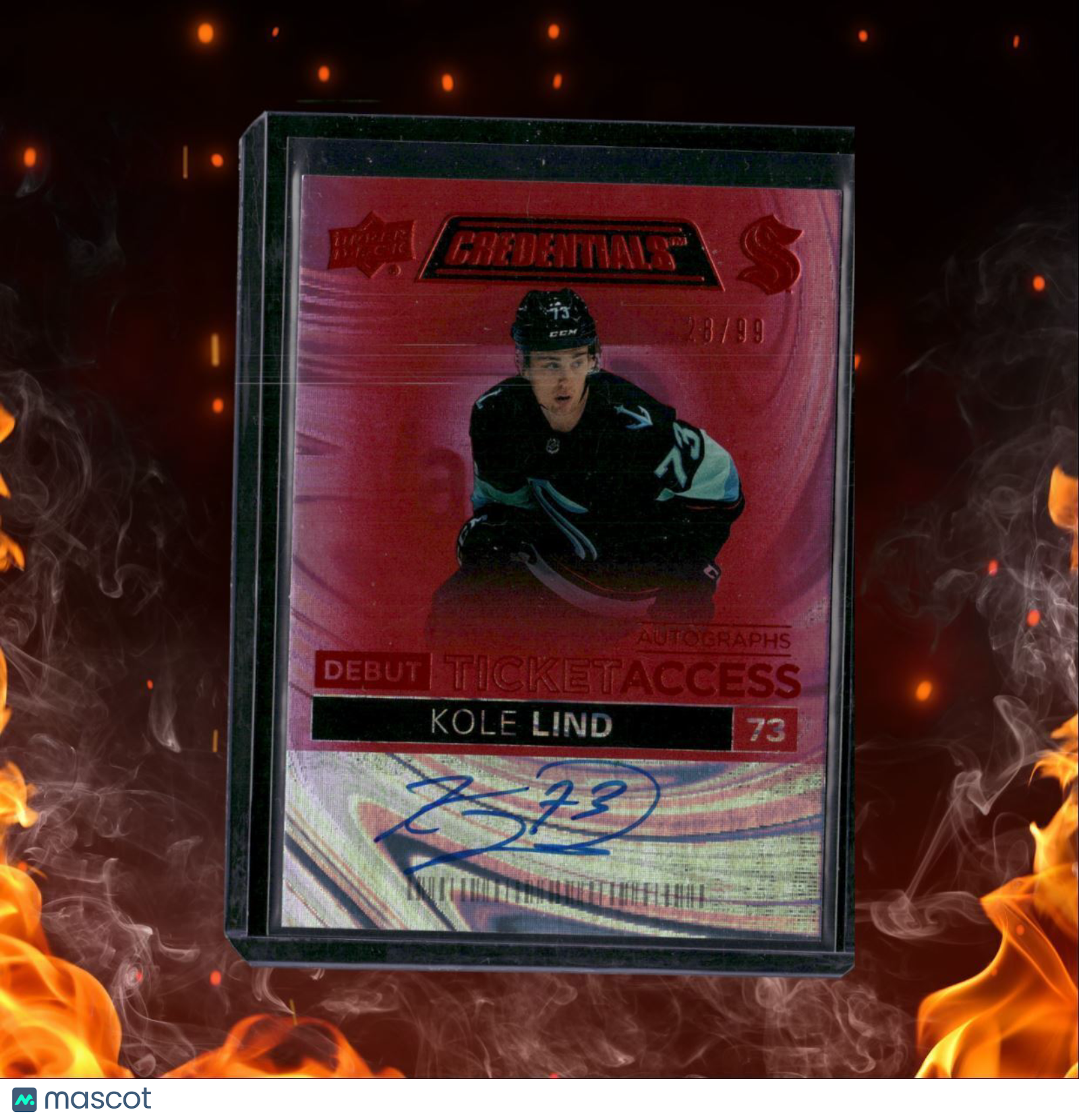 2022-23 Upper Deck Credentials Kole Lind Ticket Access Pink Rookie Auto 28/99