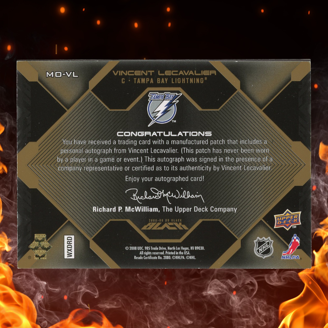 2008-09 UD Black Vincent Lecavalier Marks of Obsidian Auto Patch Gold /25