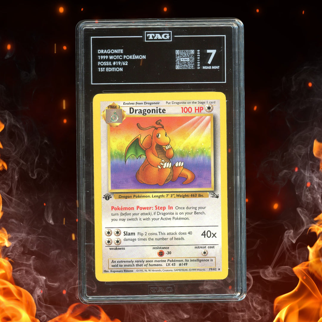 1999 WOTC Pokémon Fossil Dragonite Holo 1st Edition 19/62 TAG 7