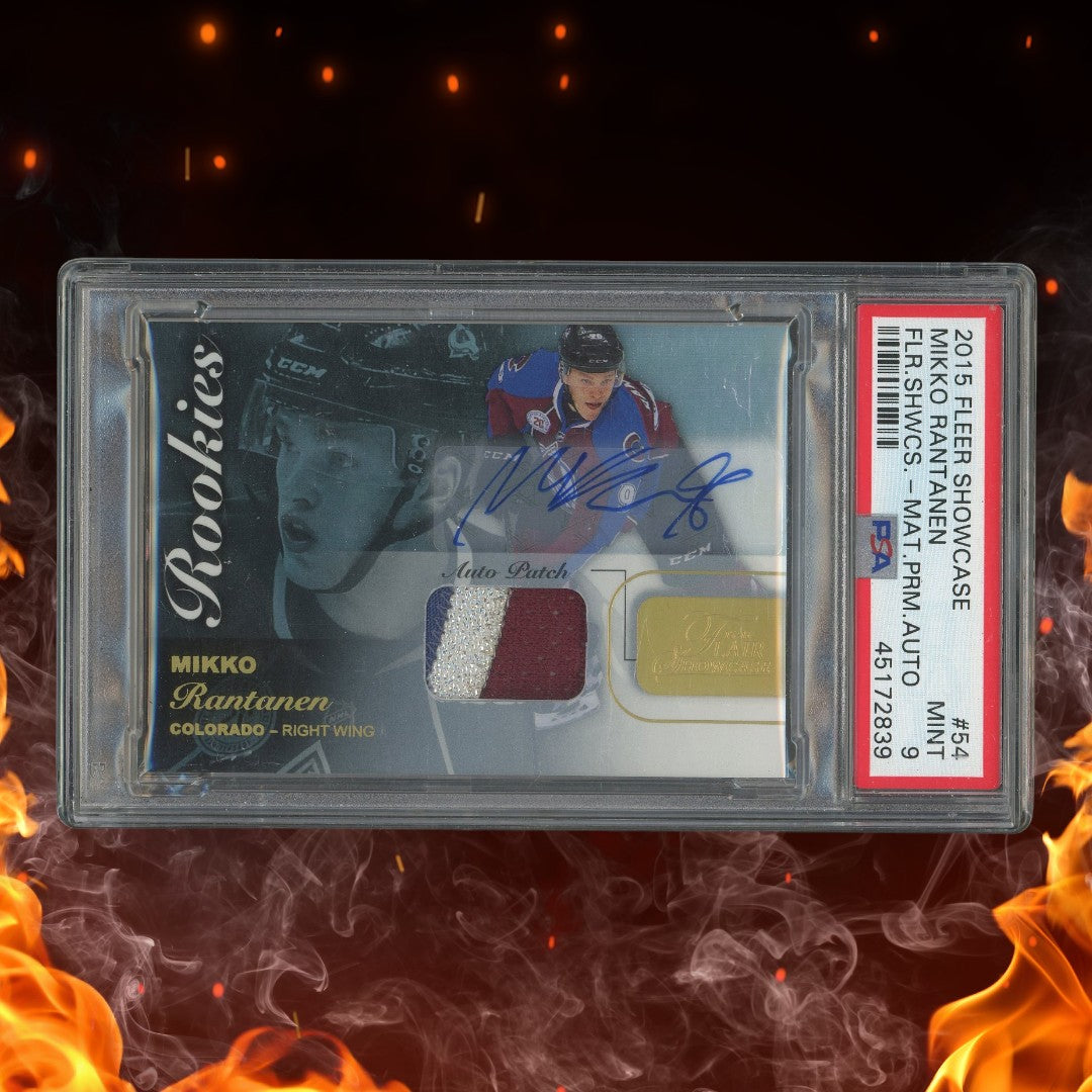 2015-16 Fleer Showcase Mikko Rantanen Rookie Patch Auto /65 #54 PSA 9