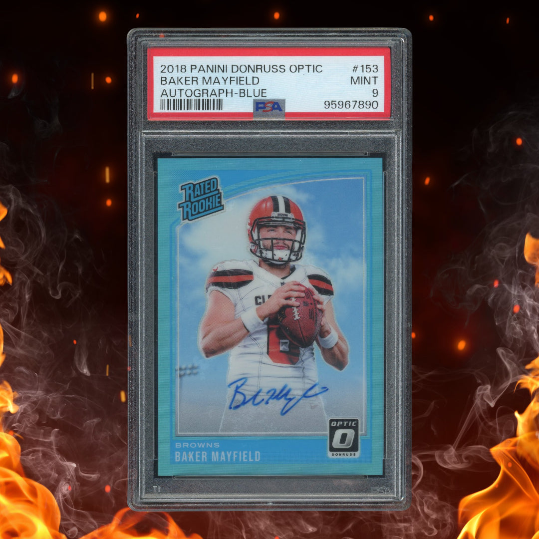 2018 Panini Donruss Optic Baker Mayfield Rated Rookie Blue Auto /75 #153 PSA 9